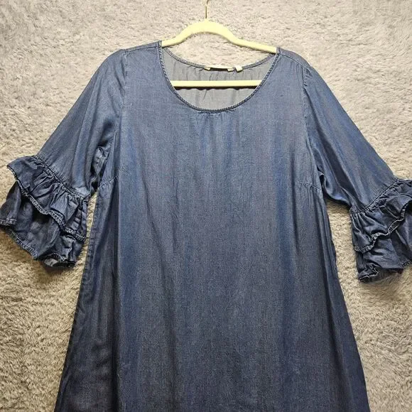 Soft Surroundings Blue Chambray Dress Size Large Knee Length 3/4 Ruffle Sleeve - Picture 2 of 11